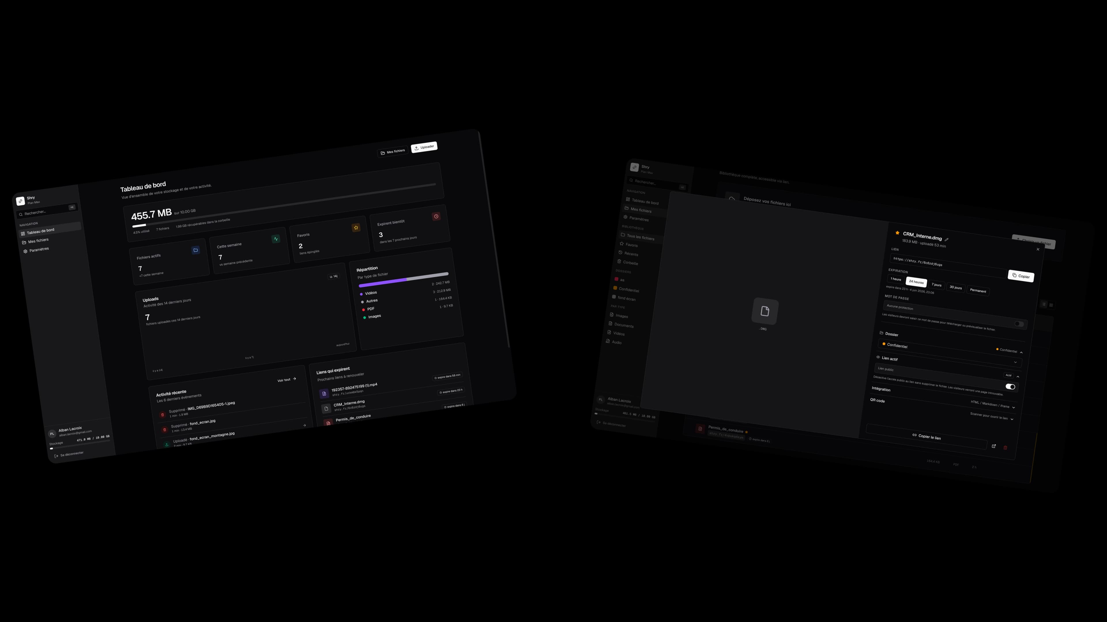 Interface Shry — tableau de bord et page Mes fichiers